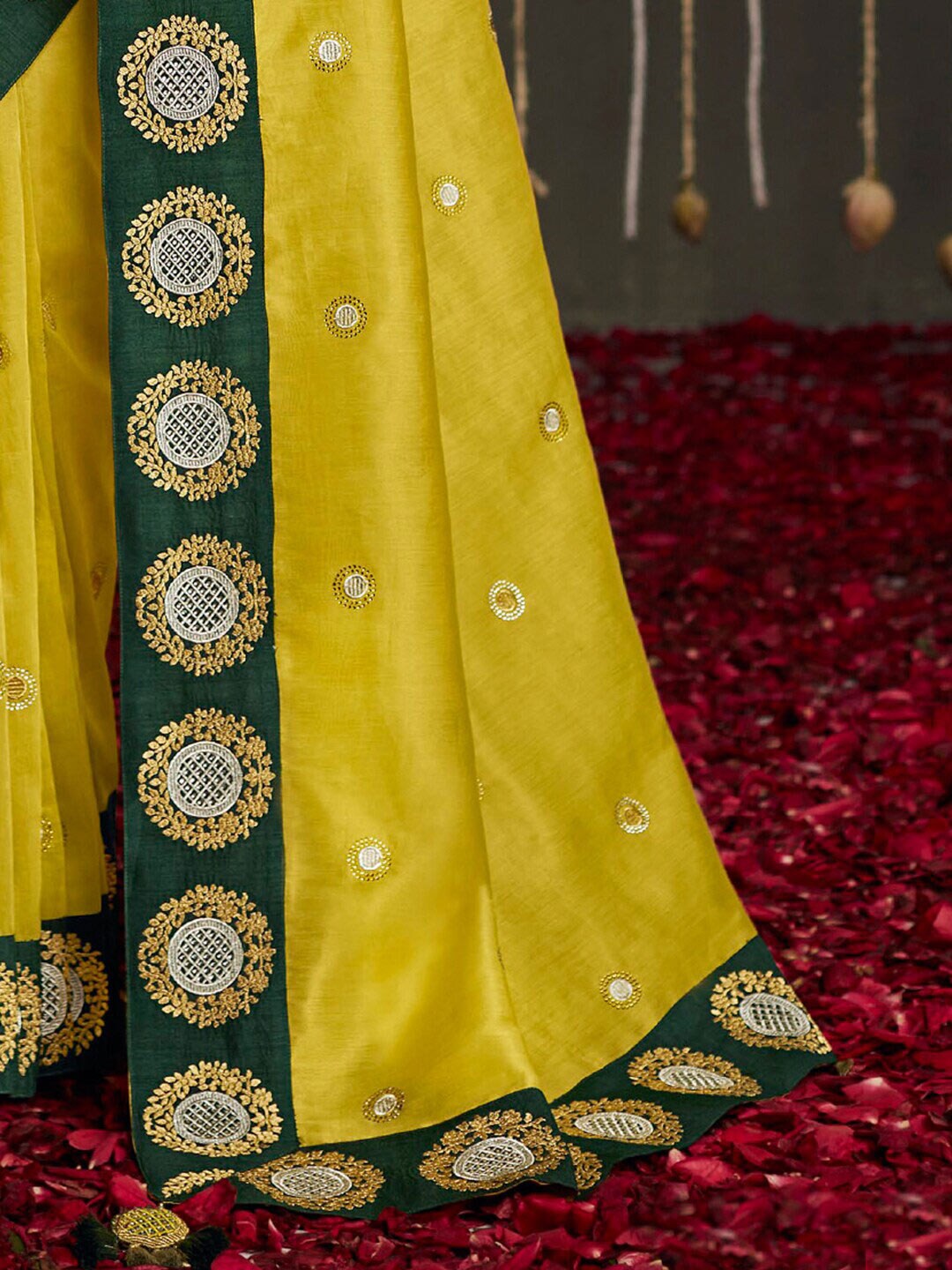 Mitera Yellow & Green Embellished Beads and Stones Silk Blend Saree - Distacart