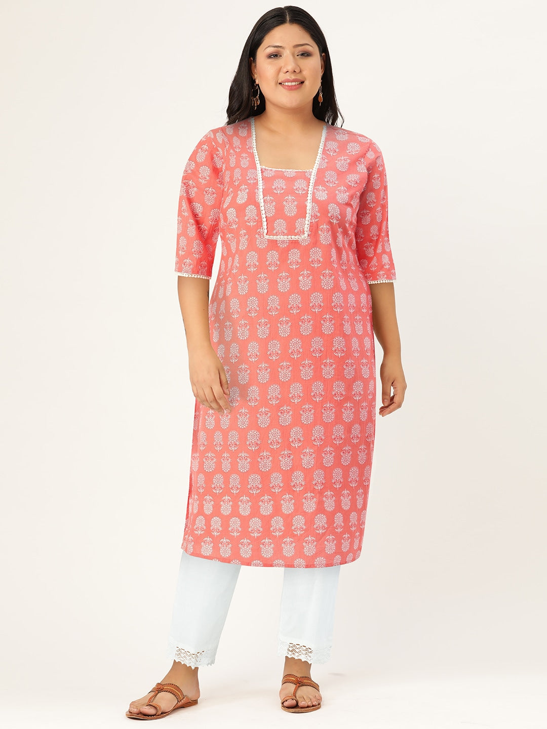 HERE&NOW Pure Cotton Floral Printed Straight Kurta - Distacart
