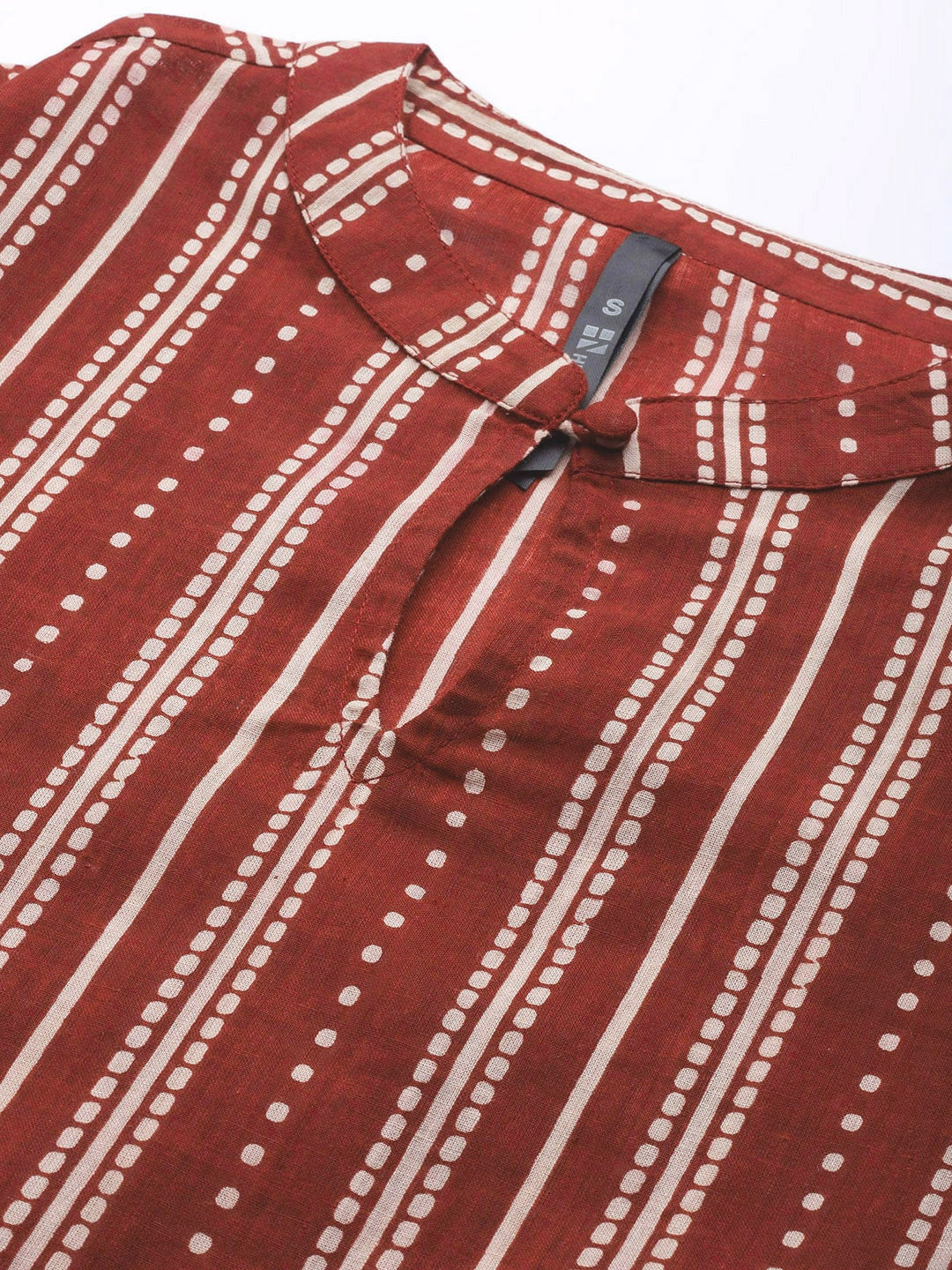 HERE&NOW Women Rust Red & Off-White Pure Cotton Striped Keyhole Neck Straight Kurta - Distacart