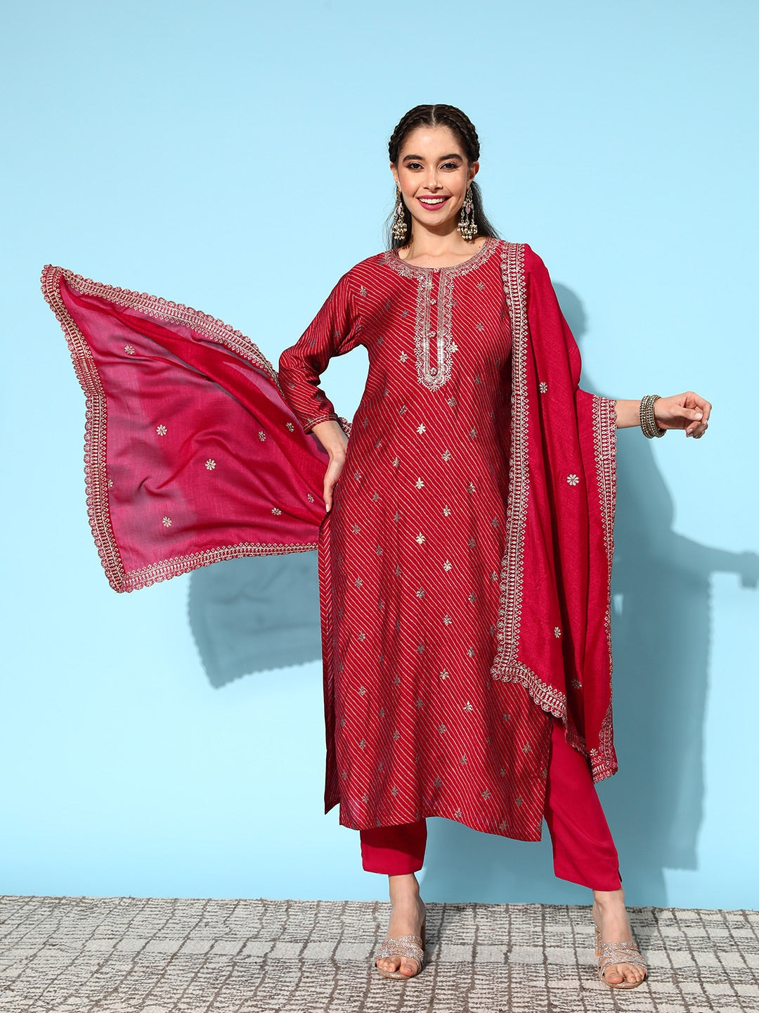 Sangria Floral Kurta with Trousers & Dupatta - Distacart
