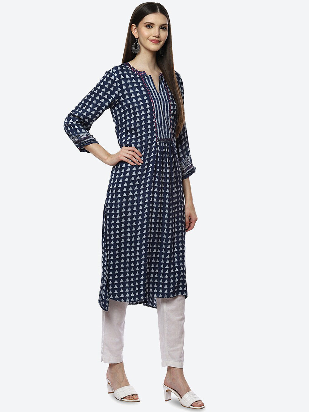 Biba Women Blue Geometric Printed Keyhole Neck Flared Sleeves Thread Work Kurta - Distacart