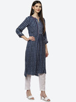 Thumbnail for Biba Women Blue Geometric Printed Keyhole Neck Flared Sleeves Thread Work Kurta - Distacart