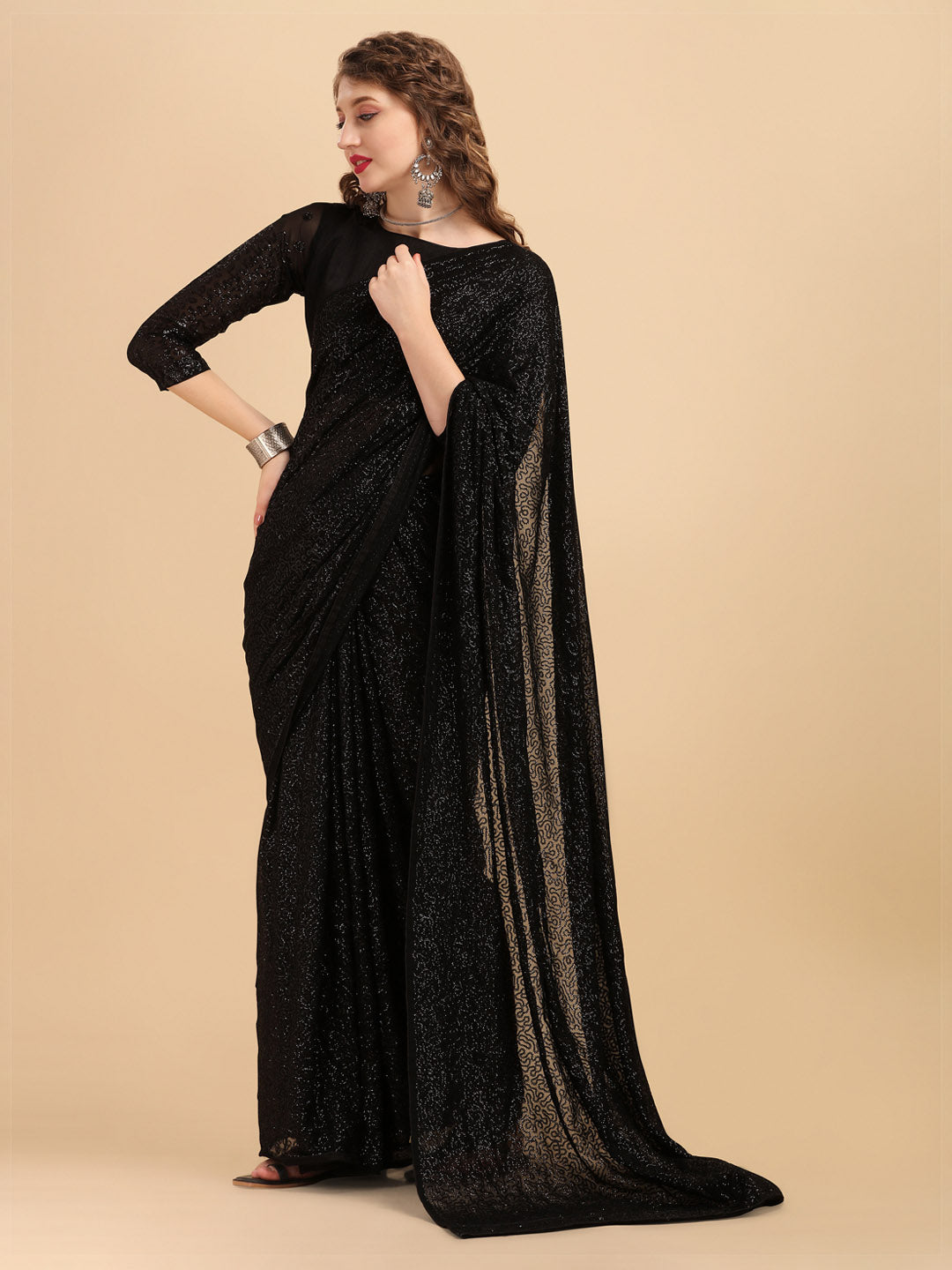 Sangria Black Embellished Sequinned Pure Georgette Saree - Distacart