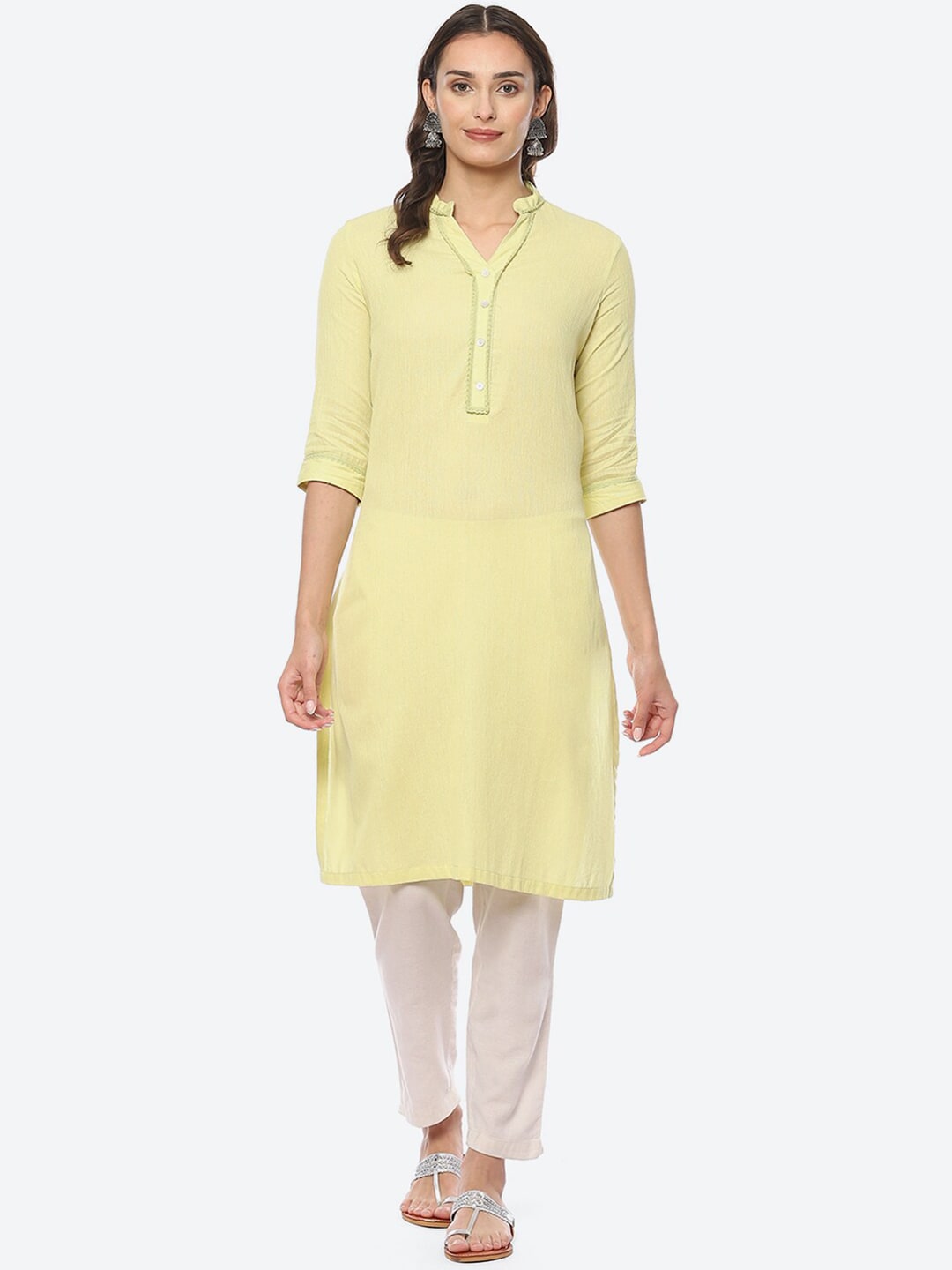 Biba Women Mandarin Collar Cotton Kurta - Distacart