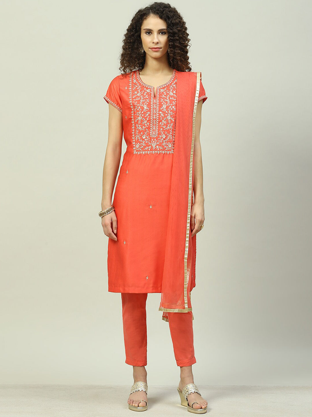 Biba Embroidered Yoke Design Kurta With Trousers & Dupatta - Distacart