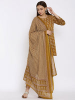 Thumbnail for HERE&NOW Mustard Yellow Floral Printed A-Line Kurta with Dhoti Pants & With Dupatta - Distacart