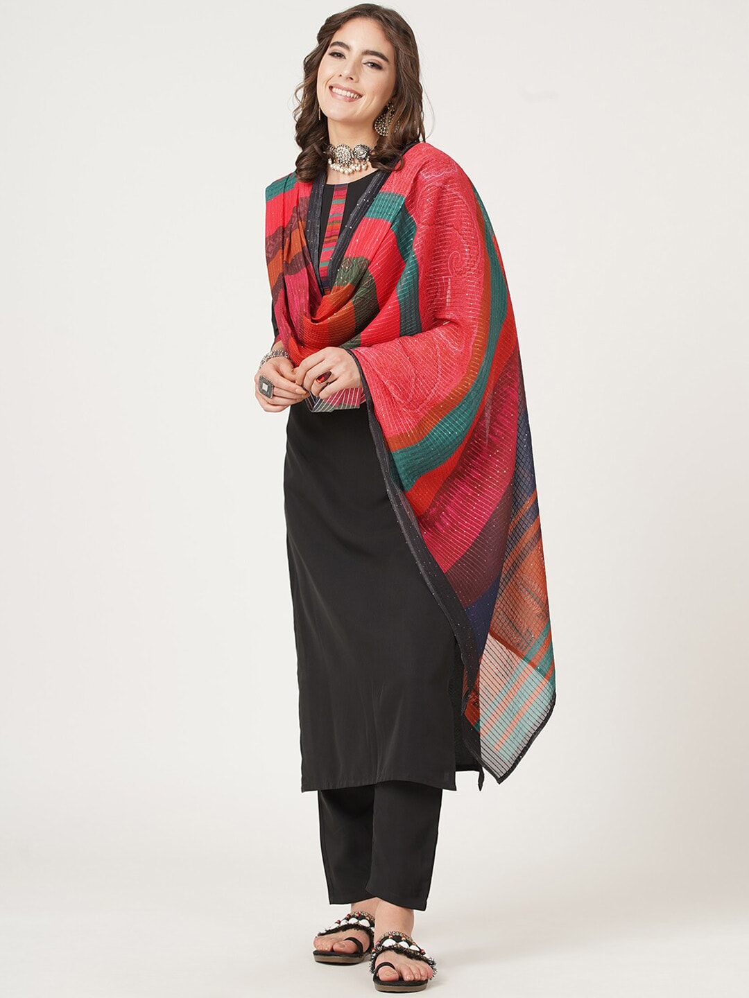 HERE&NOW Black And Red Straight Kurta with Trousers & With Dupatta - Distacart