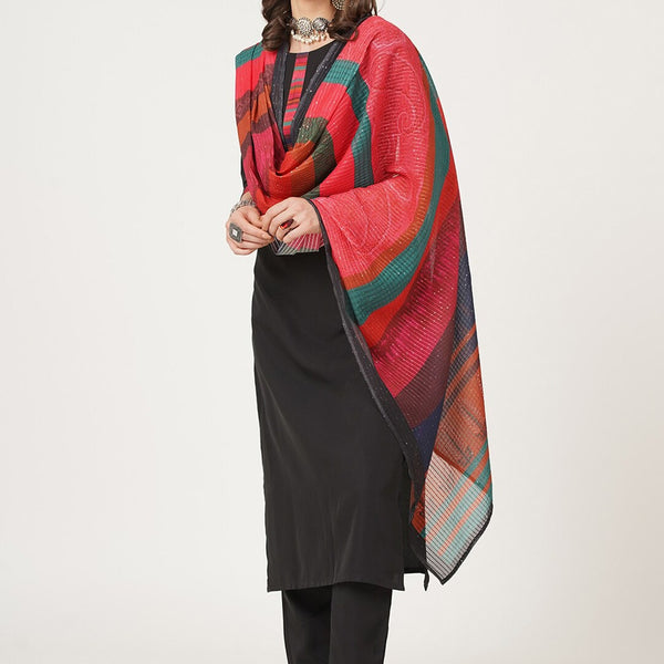 HERE&NOW Black And Red Straight Kurta with Trousers & With Dupatta - Distacart