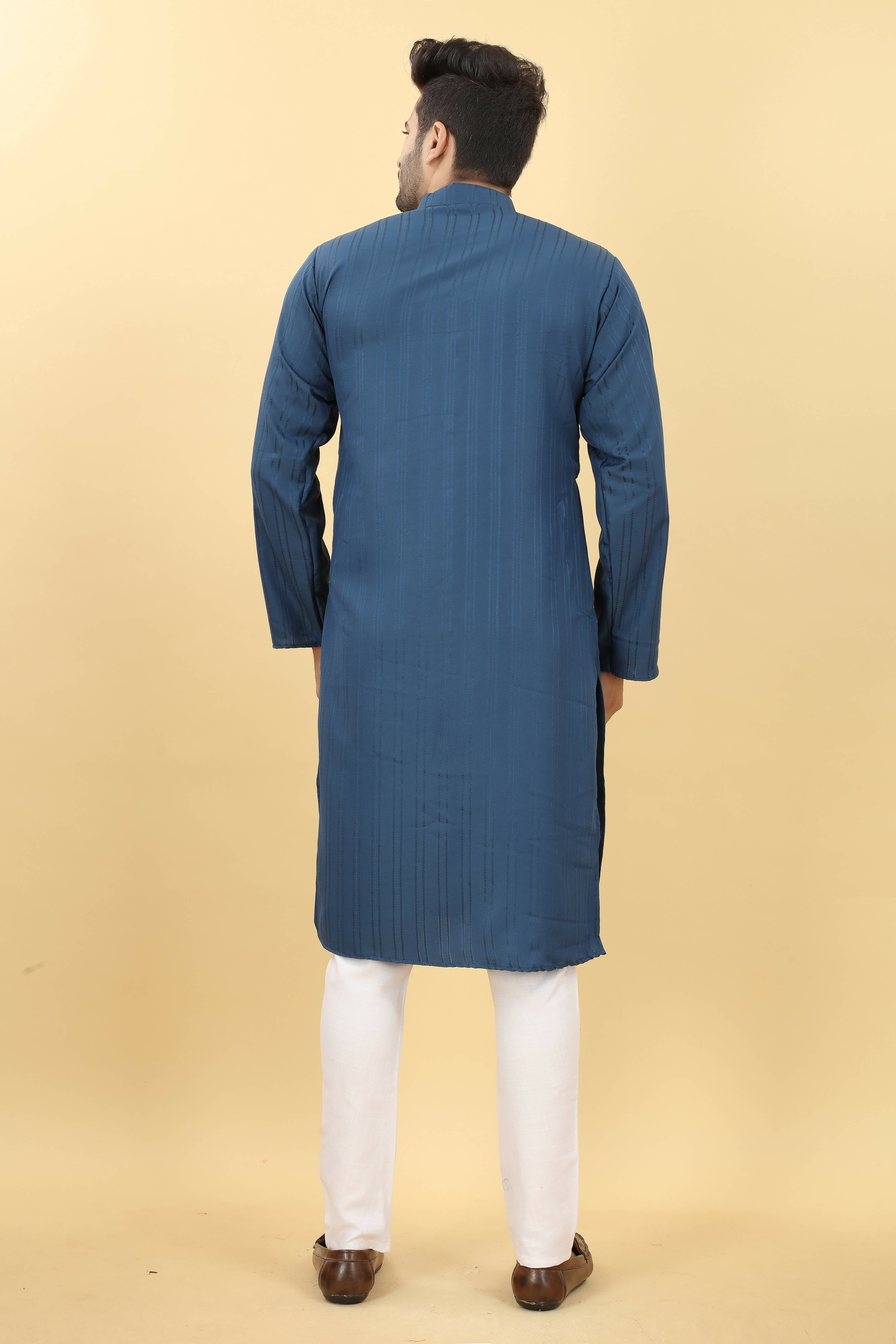 Blue Viscose Polyester Solid Men's Kurta - Mahotsav - Distacart