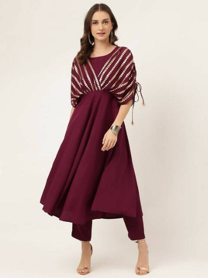 FIORRA Women's Wine Poly Crepe A-Line Kurta Set - Distacart