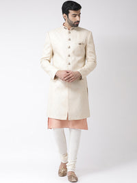 Thumbnail for KISAH Men Cream Coloured & Peach Coloured Ethnic Motif Sherwani Set - Distacart