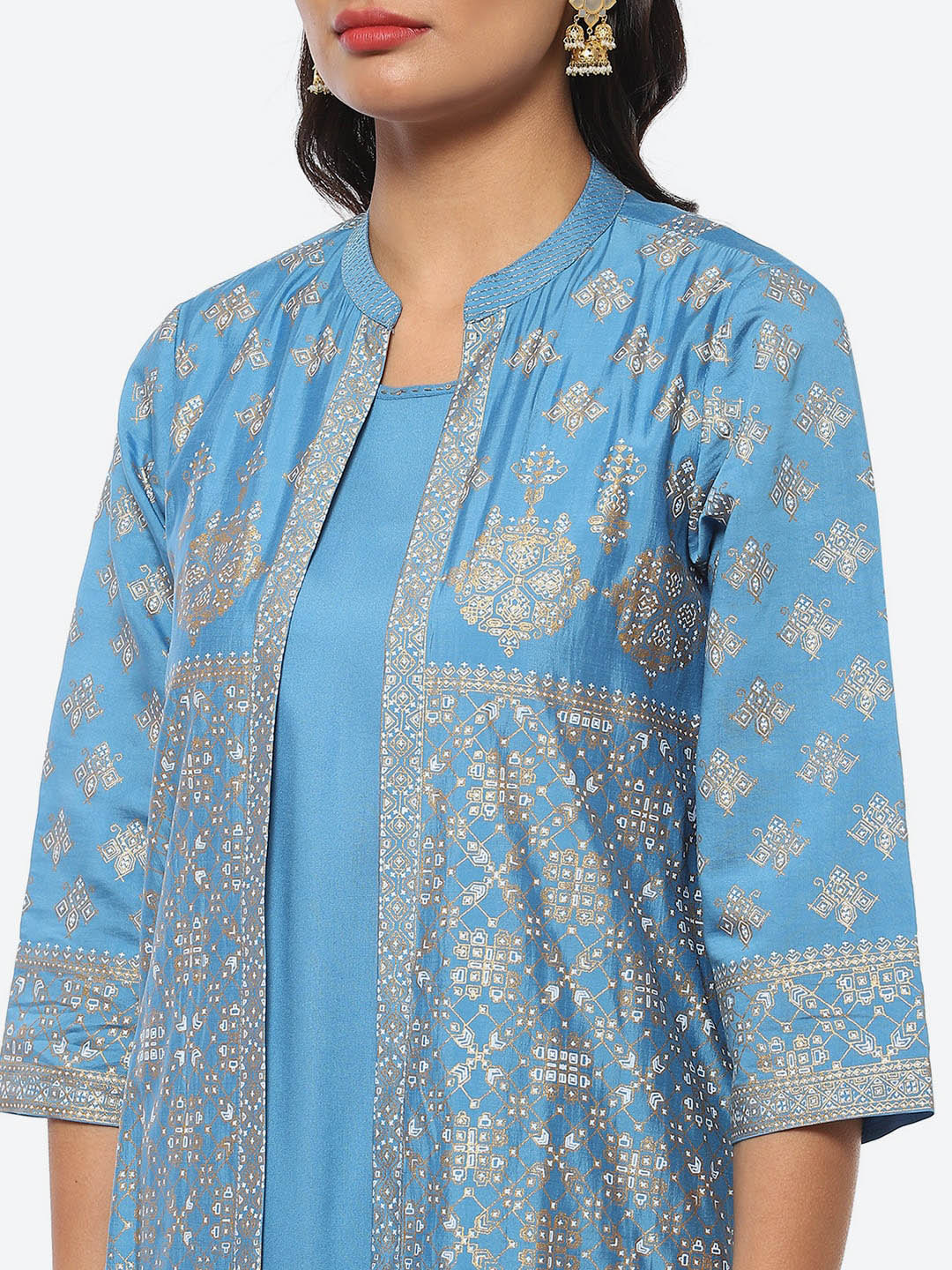 Biba Kurta With Palazzos & Printed Jacket - Distacart