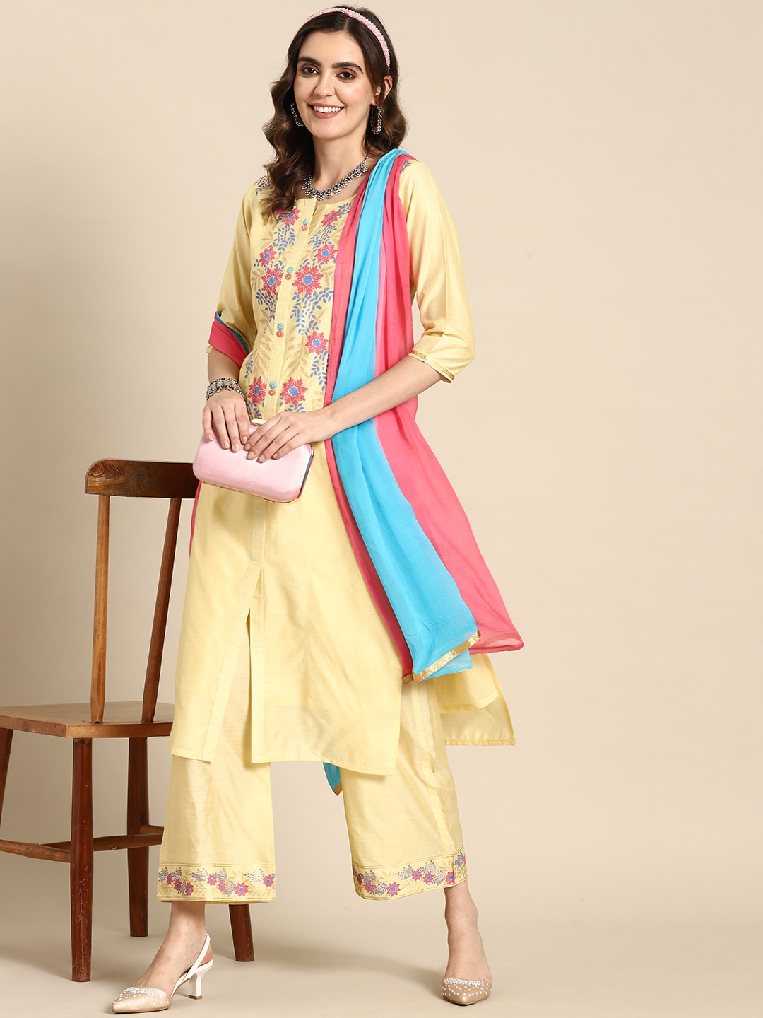 Sangria Women Floral Printed Regular Chanderi Cotton Kurta with Palazzos & With Dupatta - Distacart