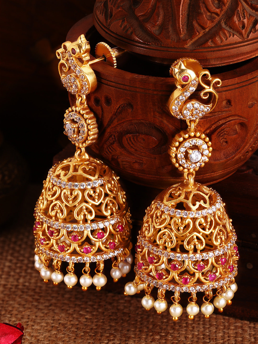 Golden Alloy Pink & Gold Plated Dome Shaped Jhumkas Earrings at Rs 120/pair  in Noida