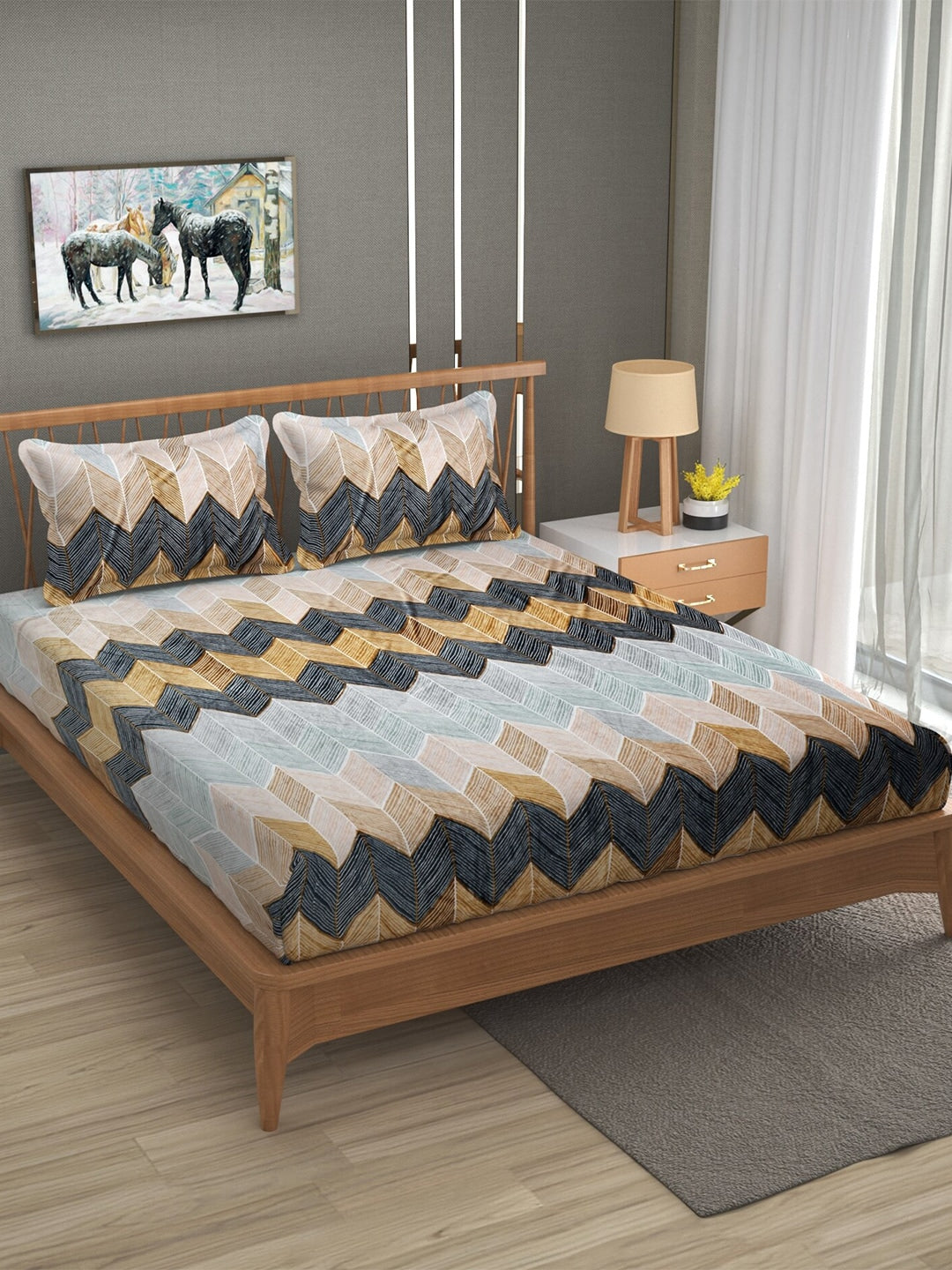 Stylespace by Isha Grey & Blue Geometric Velvet 330 TC King Bedsheet with 2 Pillow Covers - Distacart