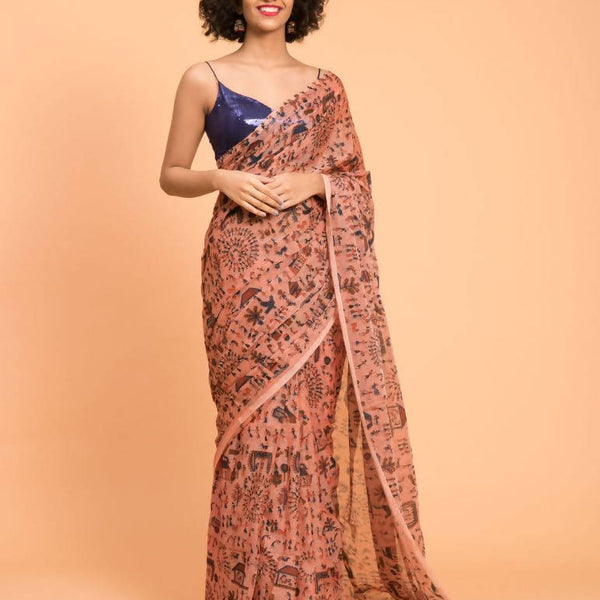 Suta Peach Blue Warli Printed Pure Cotton Saree - Distacart