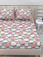 Thumbnail for DREAM WEAVERZ Silver & Pink Pure Cotton Floral Queen Bedsheet with 2 Pillow Covers - Distacart