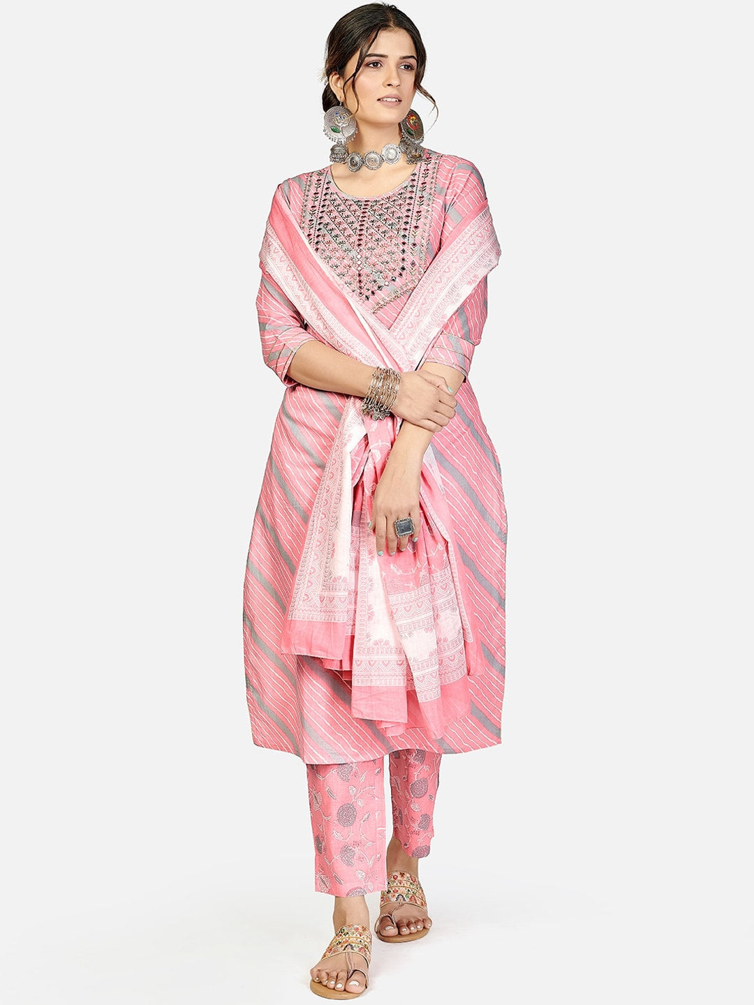 Kalini Women Pink Ethnic Motifs Striped Thread Work Pure Cotton Kurta with Trousers & With Dupatta - Distacart