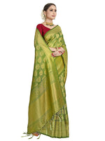 Thumbnail for Vardha Women's Olive Green Kanchipuram Raw Silk Saree With Unstitched Blouse Piece