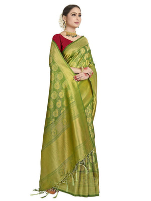 Vardha Women's Olive Green Kanchipuram Raw Silk Saree With Unstitched Blouse Piece