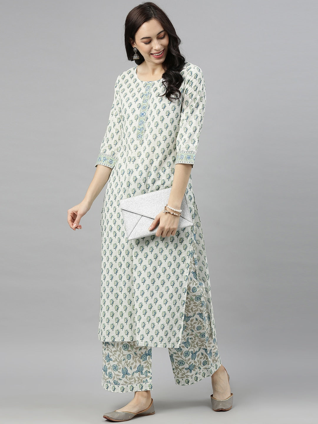 Ahika Women Off-White & Green Printed Kurta with Palazzos - Distacart