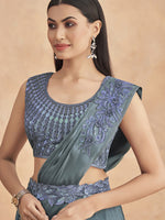 Thumbnail for Mitera Grey Embroidered Satin Lehenga Saree - Distacart
