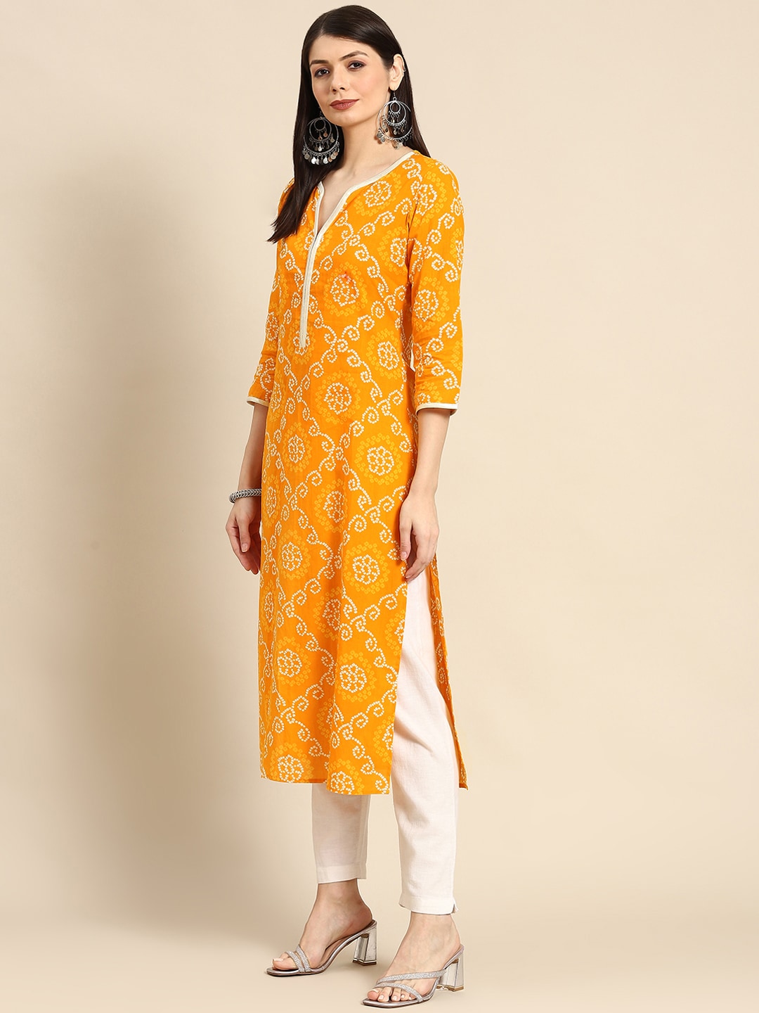Anayna Women Orange & White Bandhani Printed Pure Cotton Gotta Patti Kurta - Distacart