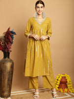 Thumbnail for Kalini Striped Empire Pure Cotton Anarkali Kurta with Palazzos - Distacart