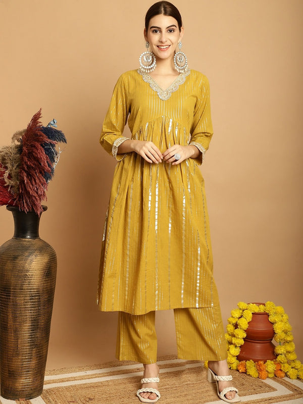 Kalini Striped Empire Pure Cotton Anarkali Kurta with Palazzos - Distacart