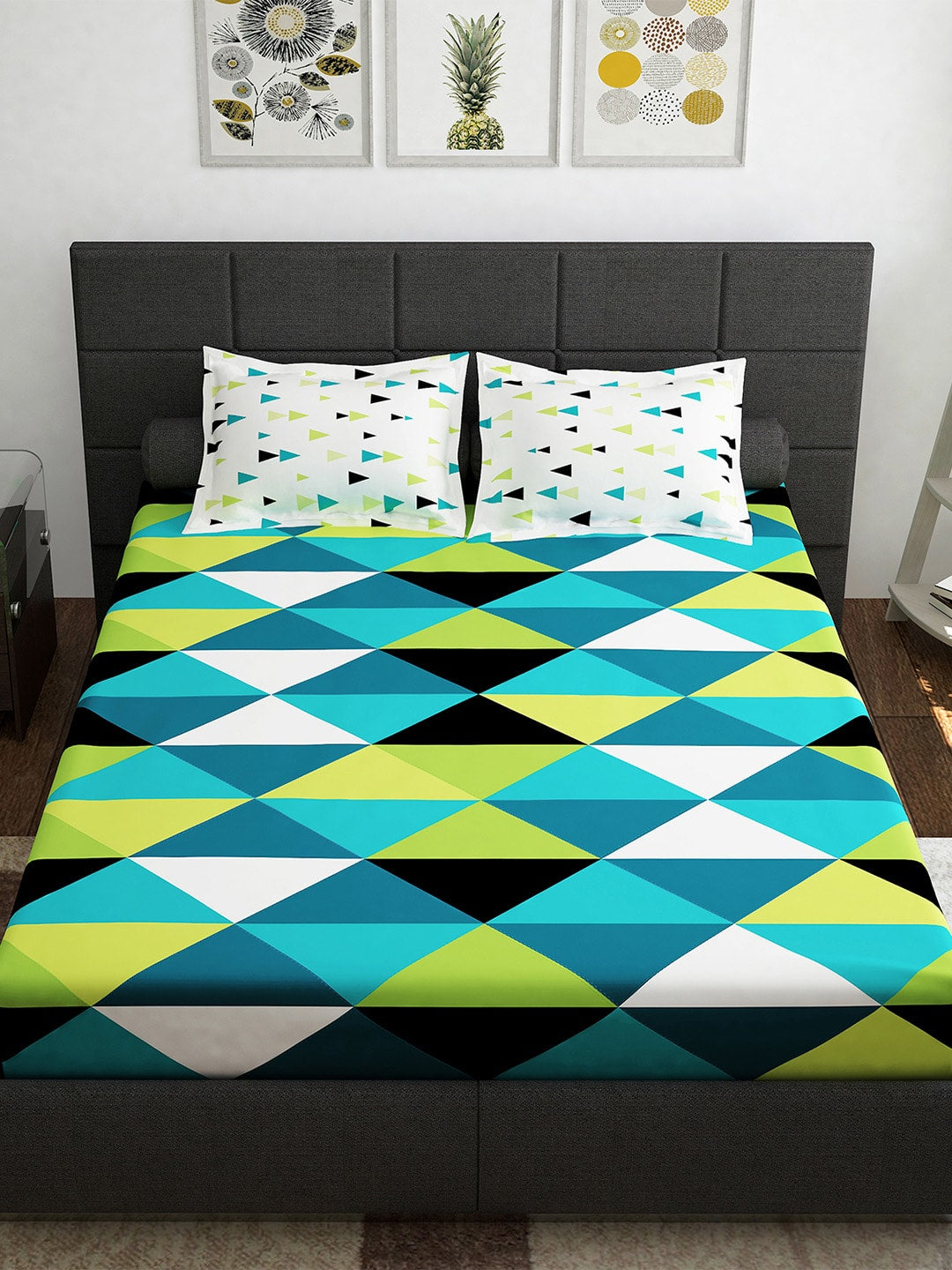 Story@home Ventura Teal & Black Geometric 152 TC Cotton Queen Bedsheet & 2 Pillow Covers - Distacart