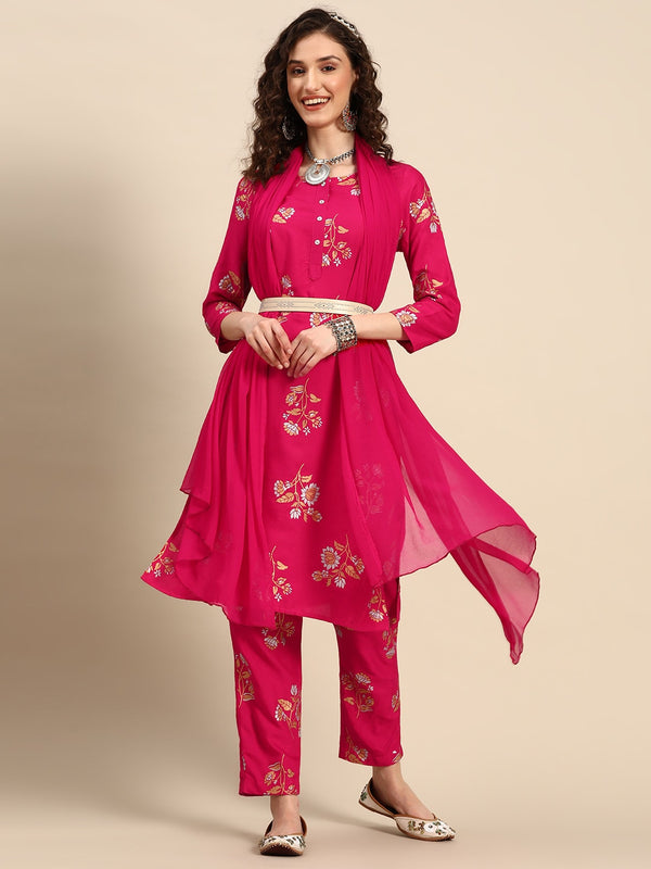 Sangria Floral Printed Regular Kurta With Trousers & Dupatta - Distacart
