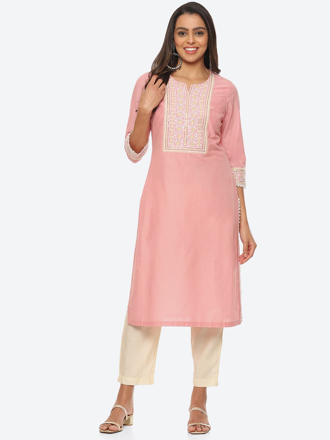 Biba Floral Embroidered Cotton Kurta - Distacart