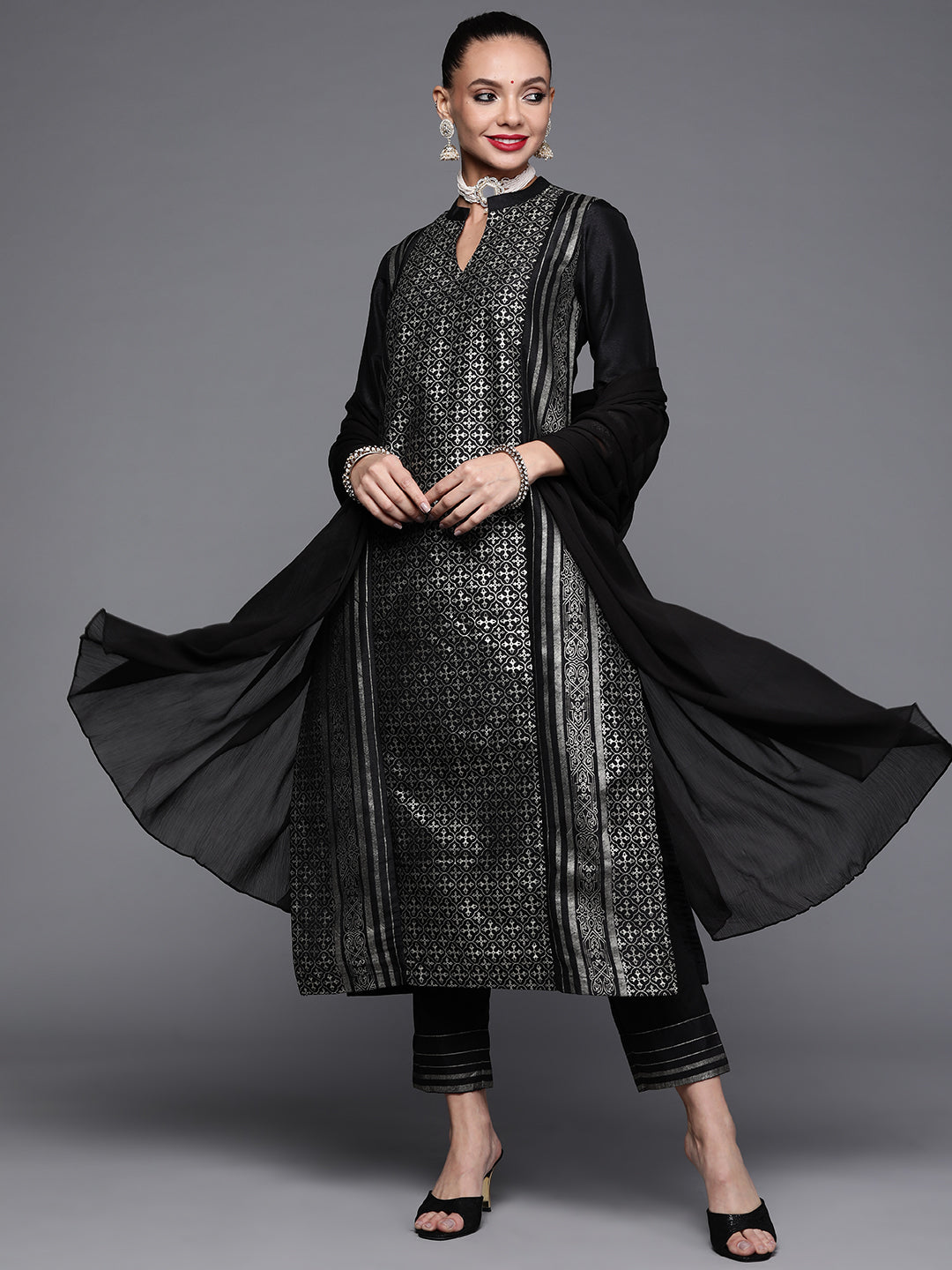 Biba Women Black & Grey Ethnic Motifs Printed Kurta with Trousers & Dupatta - Distacart