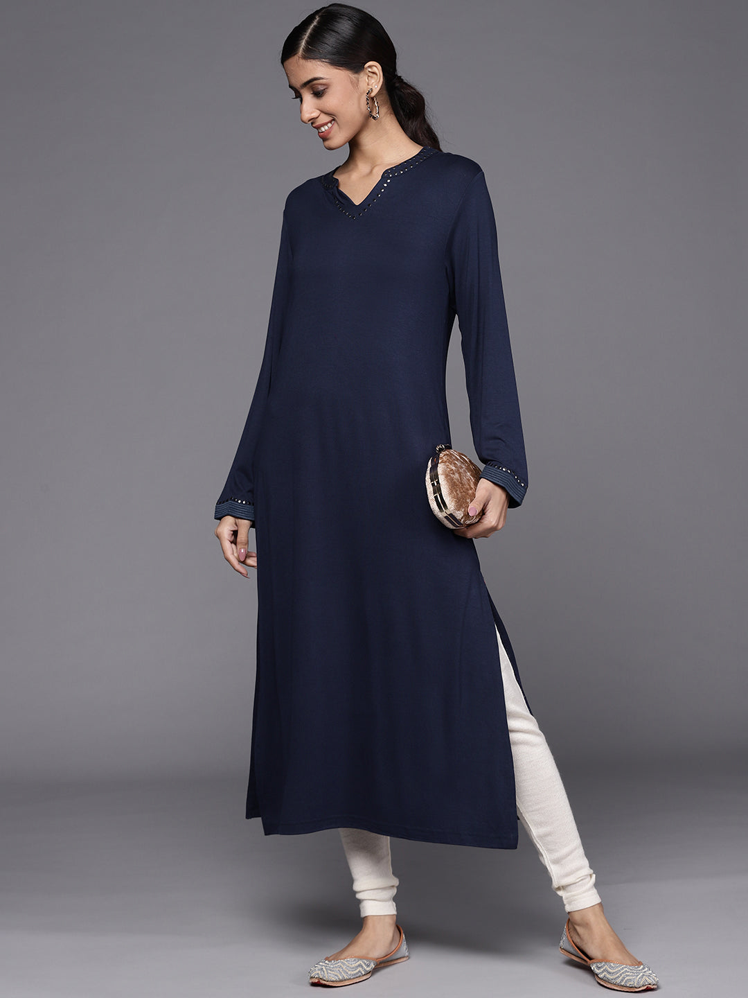 Biba Women Navy Blue Solid Kurta - Distacart