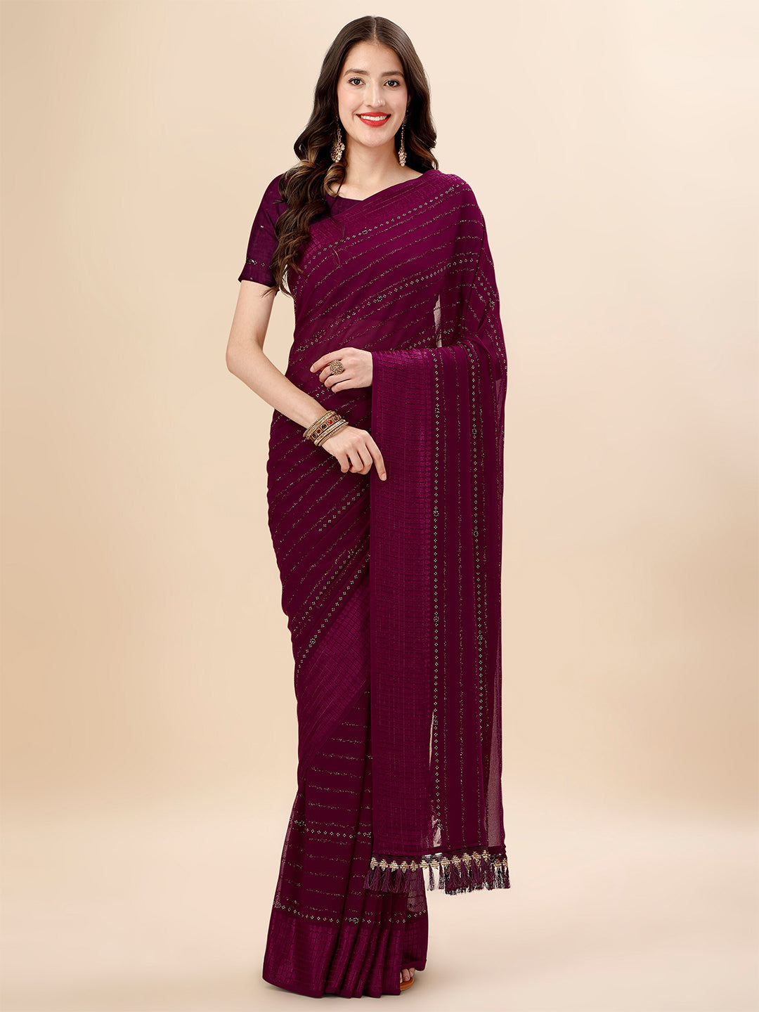Mitera Purple & Black Striped Stone Work Pure Chiffon Saree - Distacart