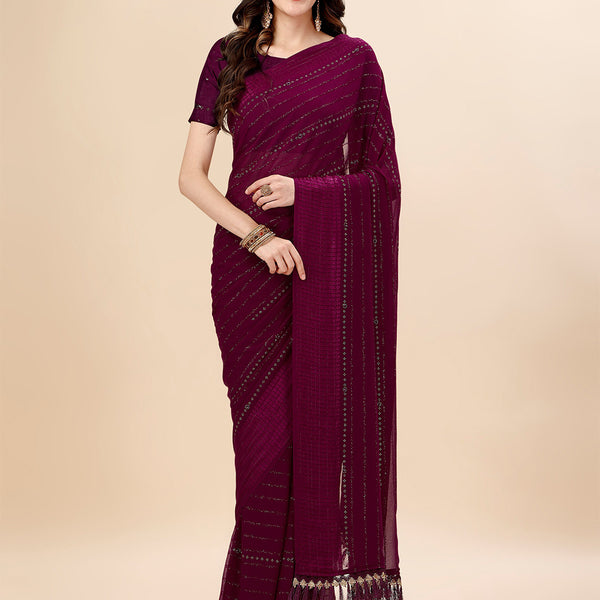 Mitera Purple & Black Striped Stone Work Pure Chiffon Saree - Distacart