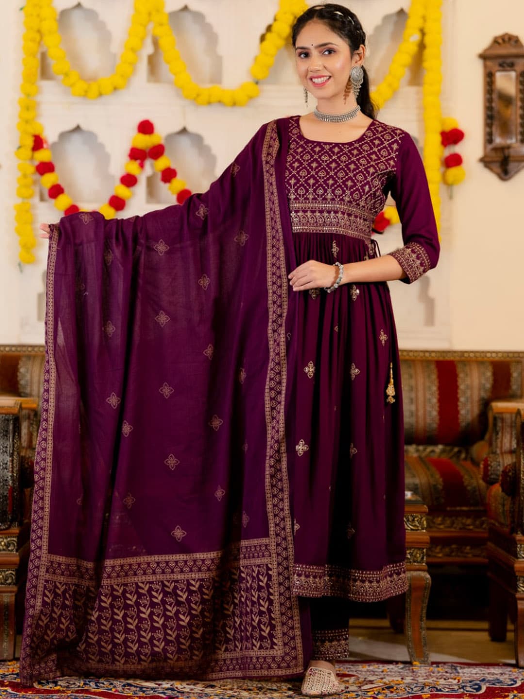 Kalini Ethnic Motifs Embroidered Empire Kurta with Trousers & Pure Cotton Dupatta - Distacart