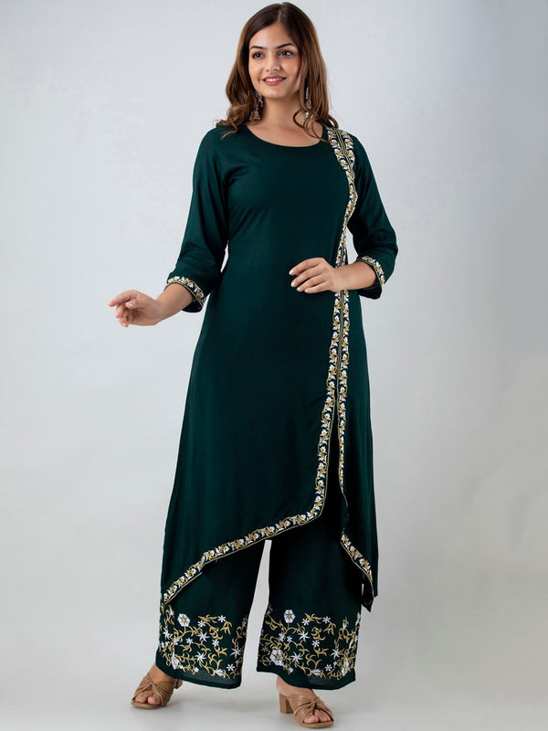 Kalini Women Green Ethnic Motifs Embroidered Panelled Thread Work Kurta with Trousers - Distacart