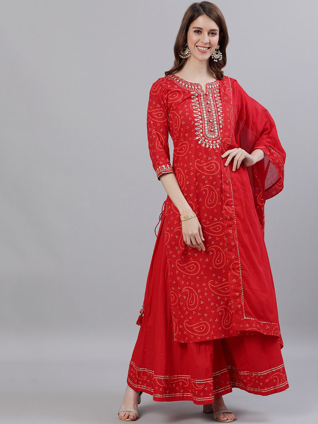 Ishin Women Red & Gold-Toned Embroidered Kurta with Palazzos & Dupatta - Distacart