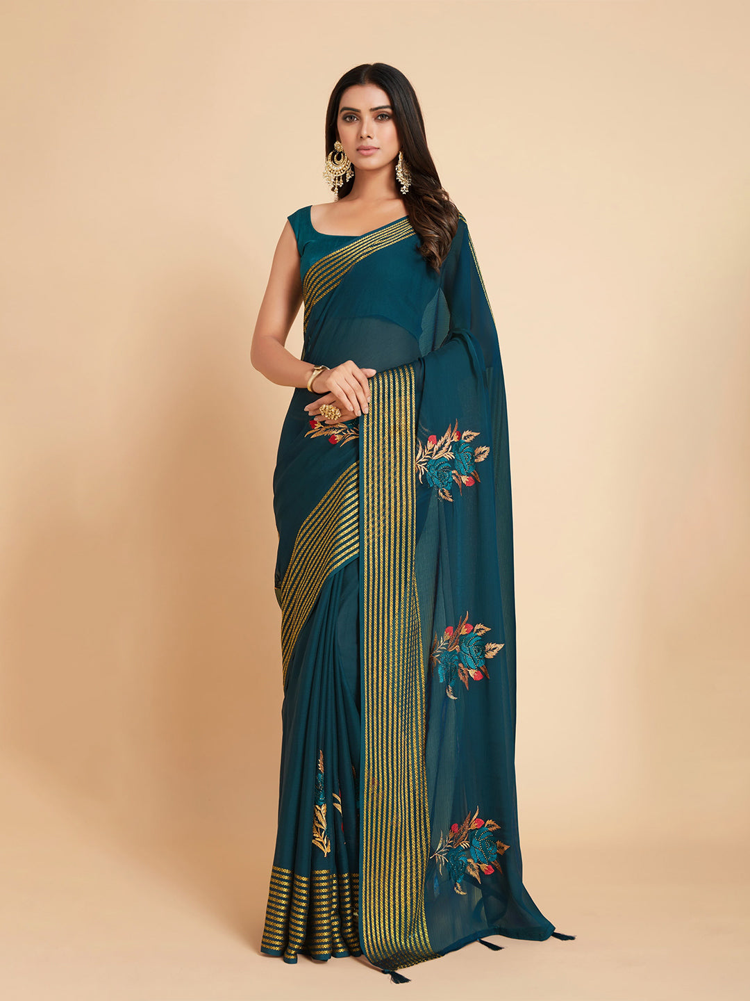 Sangria Green & Gold-Toned Embellished Pure Chiffon Saree - Distacart