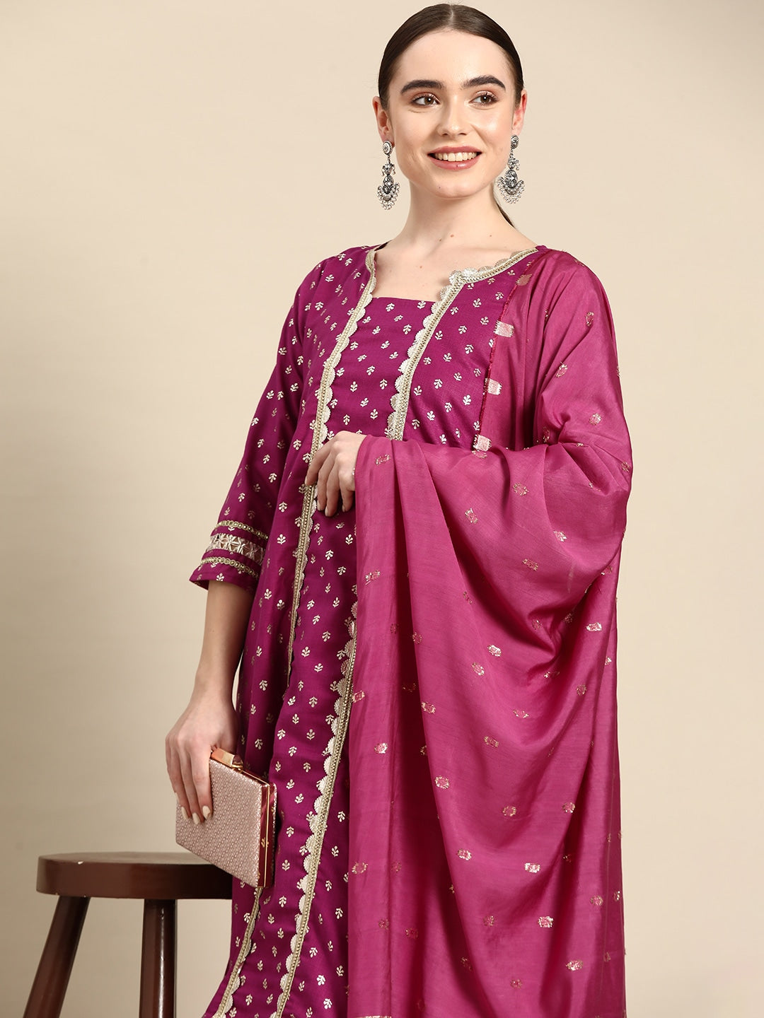 Sangria Ethnic Motifs Printed Gotta Patti Pure Cotton Kurta with Trousers & Dupatta - Distacart
