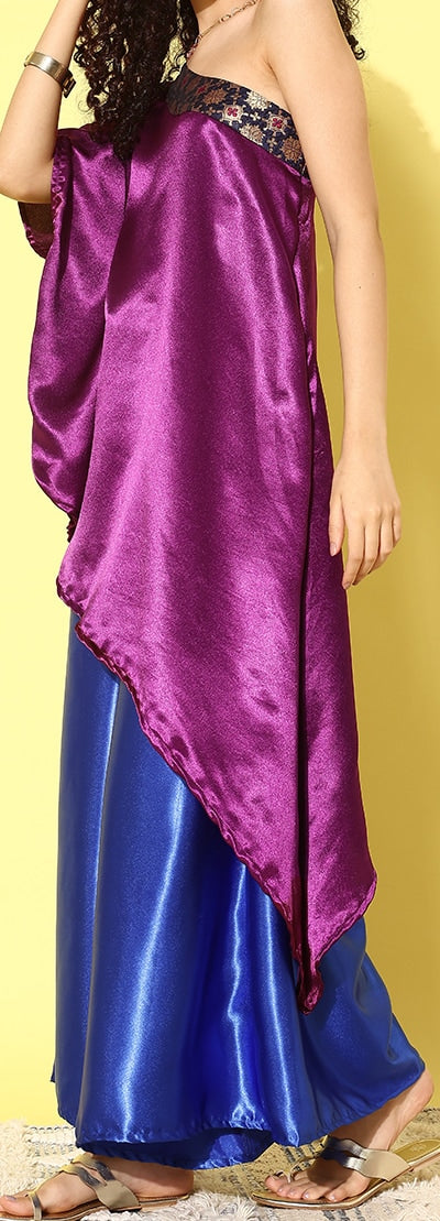 InWeave Women's Wine Navy Brocade Satin Oneshoulder Blue Palazzo Set - Distacart