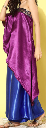 Thumbnail for InWeave Women's Wine Navy Brocade Satin Oneshoulder Blue Palazzo Set - Distacart