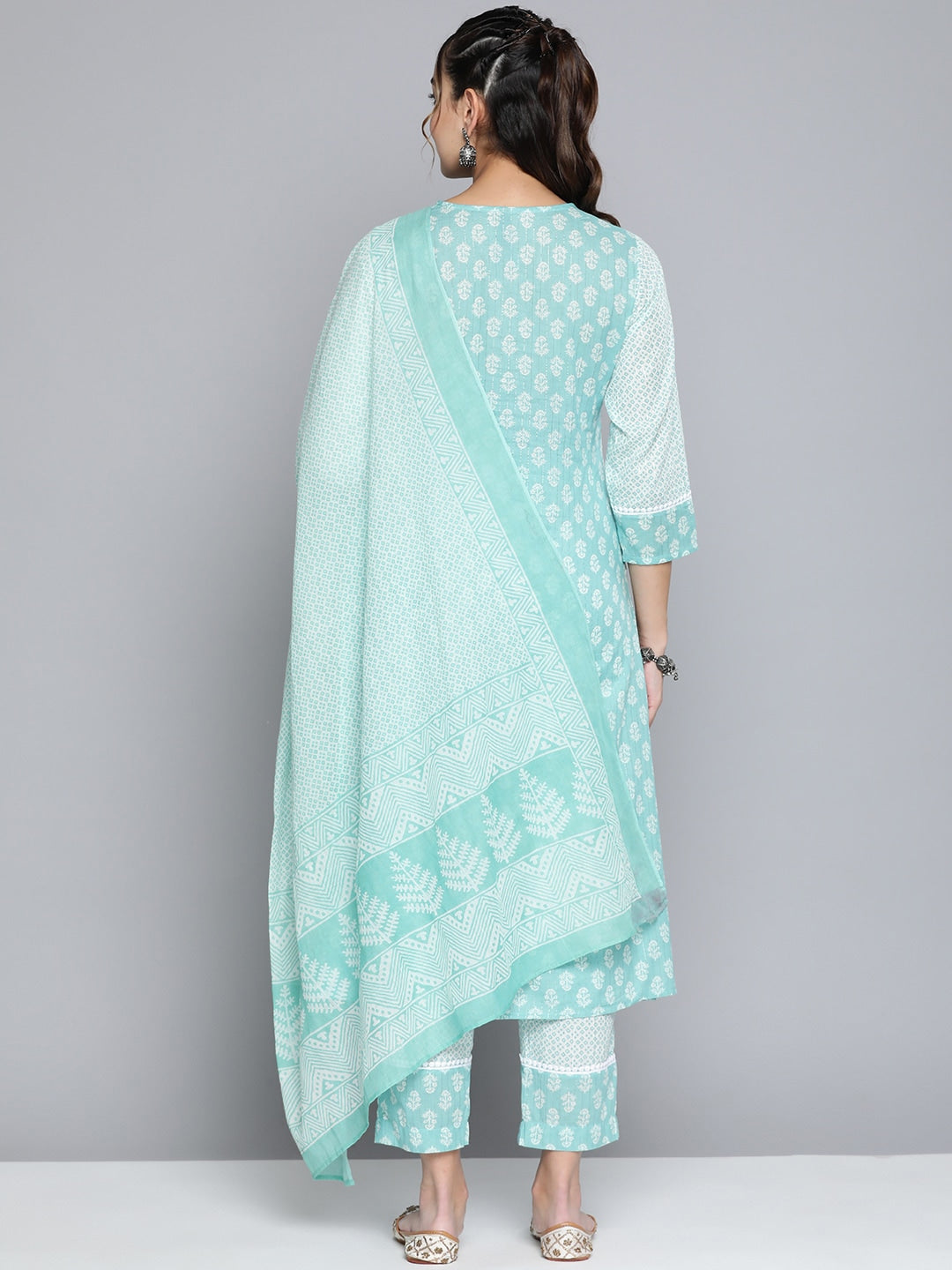 HERE&NOW Women Turquoise Blue Floral Printed Pure Cotton Kurta with Palazzos & With Dupatta - Distacart