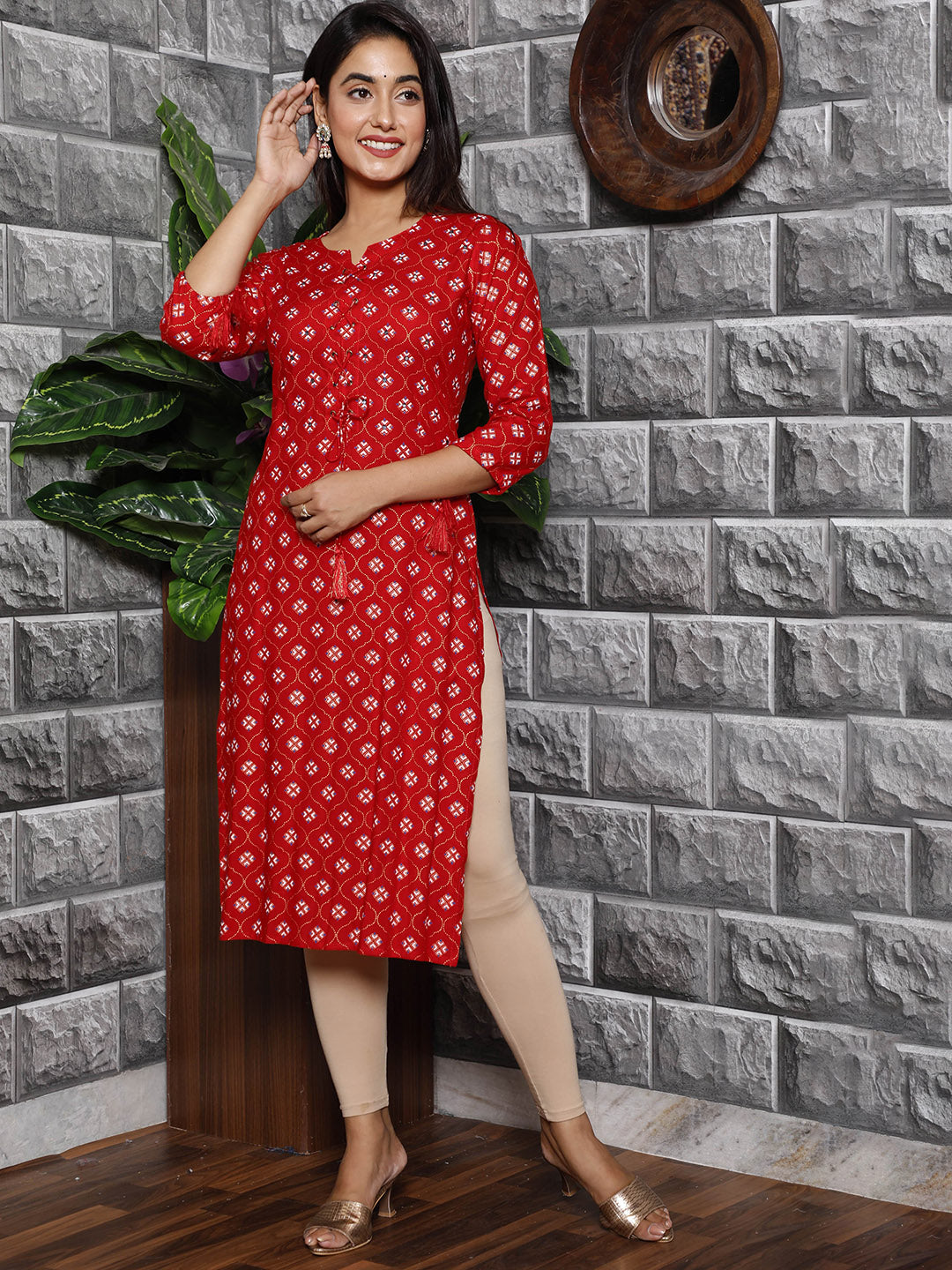 HERE&NOW Women Red Ethnic Motifs Printed Mirror Work Kurta - Distacart