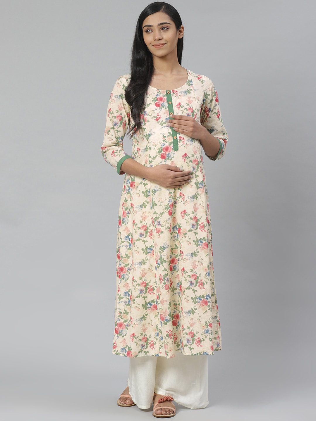 Anayna Women Cream-Coloured & Green Floral A-Line Maternity Kurta - Distacart