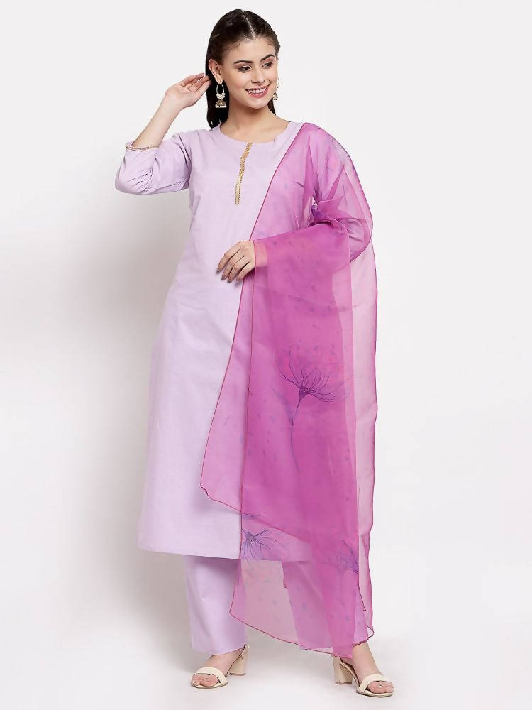 Myshka Women's Light Purple Cotton Solid 3/4 Sleeve Round Neck Casual Kurta Pant Dupatta Set