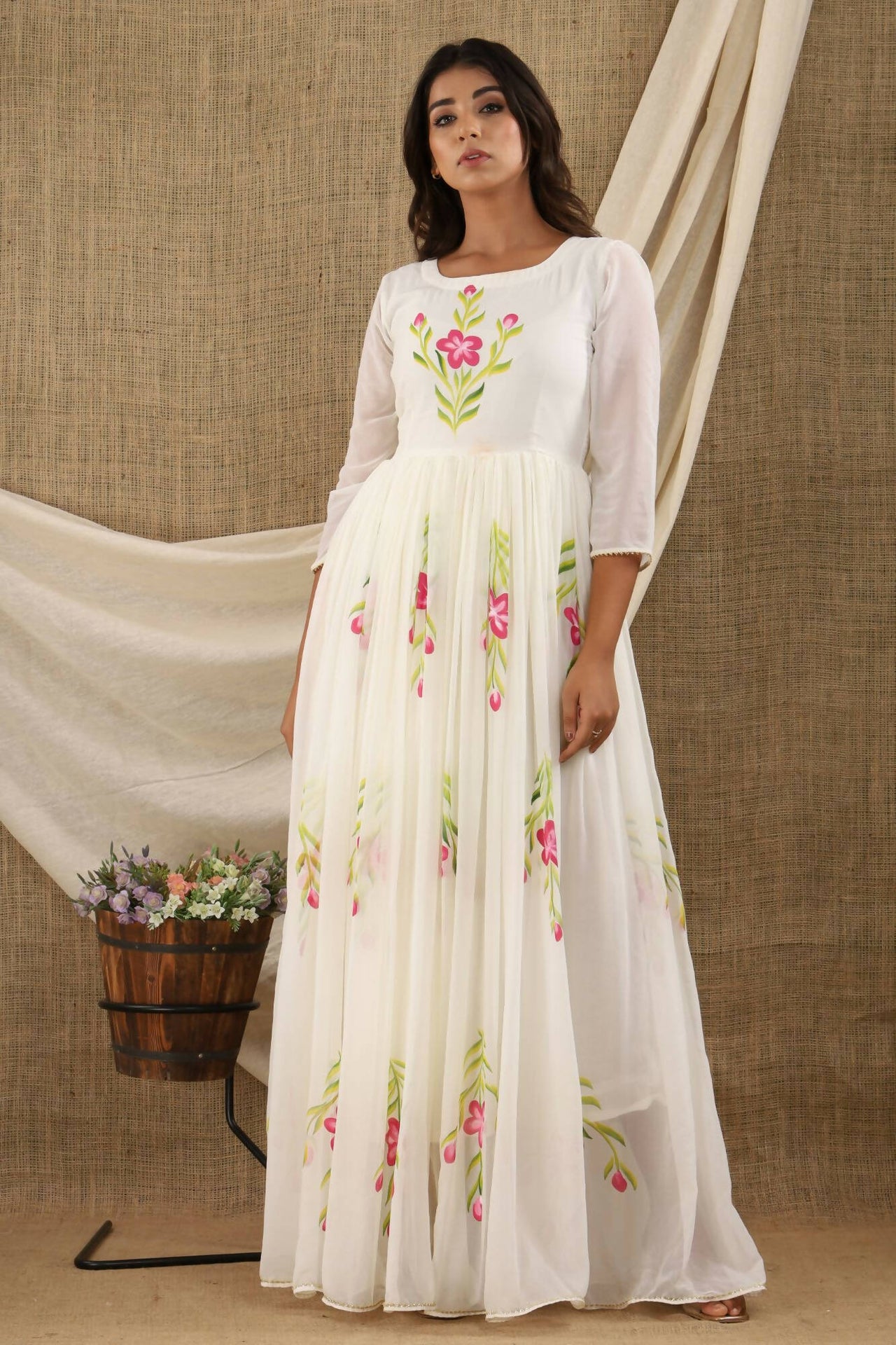 Women's White Hand Painted Gown Dress - Isya - Distacart