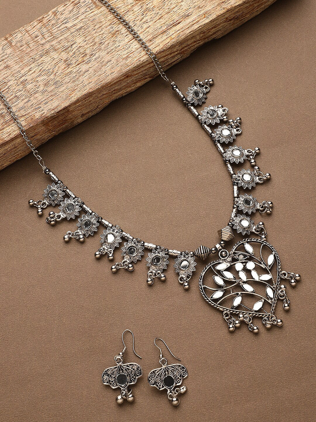 Cardinal Women Silver-Toned Oxidised Stone Studded & Beaded Heart Shaped Jewellery Set - Distacart