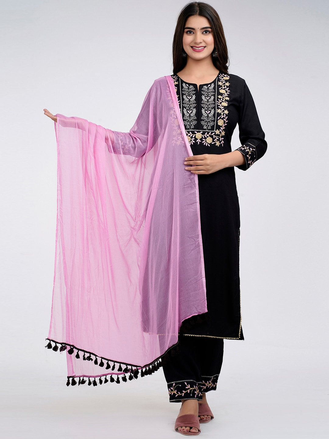 Kalini Floral Yoke Design Thread Work Kurta with Trousers & Dupatta - Distacart